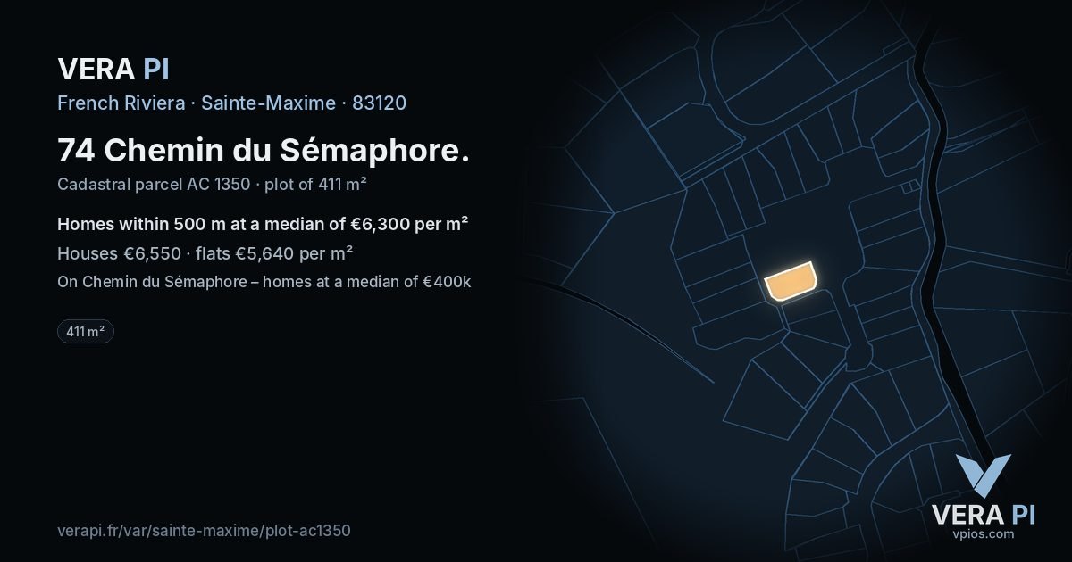 74 Chemin du Sémaphore, Sainte-Maxime at night – the plot lit, the parcels around coloured by the prices near them