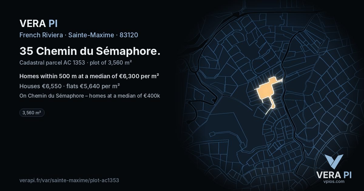 35 Chemin du Sémaphore, Sainte-Maxime at night – the plot lit, the parcels around coloured by the prices near them