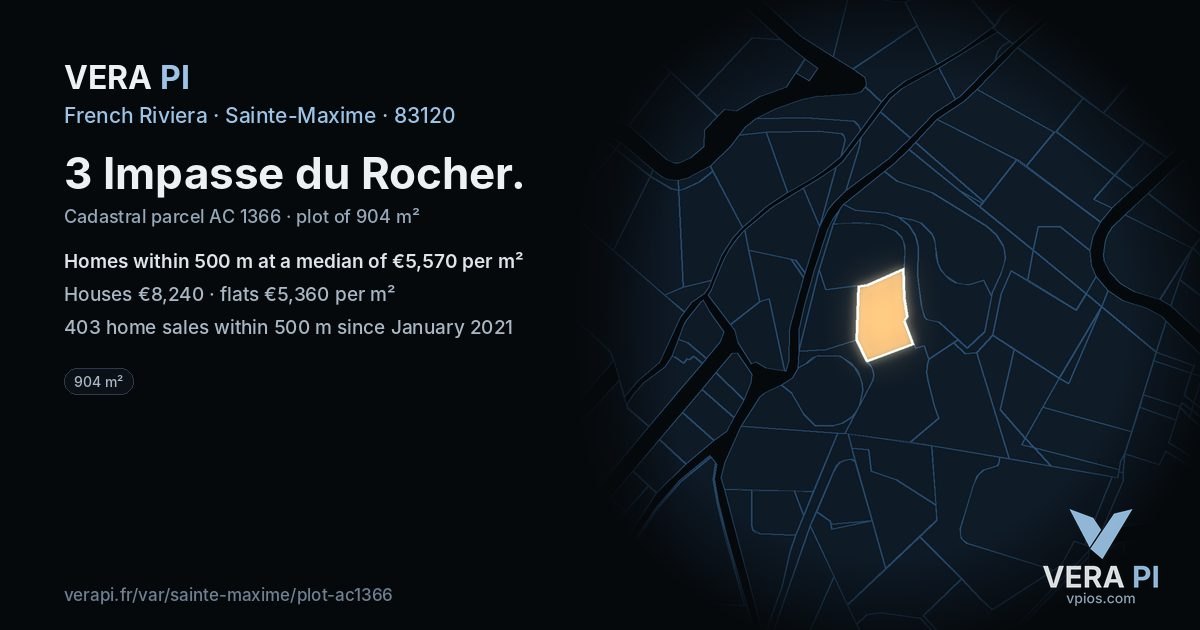 3 Impasse du Rocher, Sainte-Maxime at night – the plot lit, the parcels around coloured by the prices near them