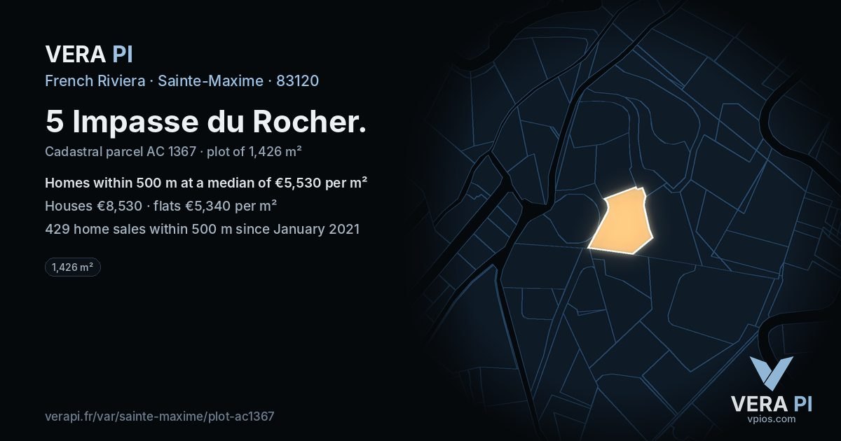 5 Impasse du Rocher, Sainte-Maxime at night – the plot lit, the parcels around coloured by the prices near them