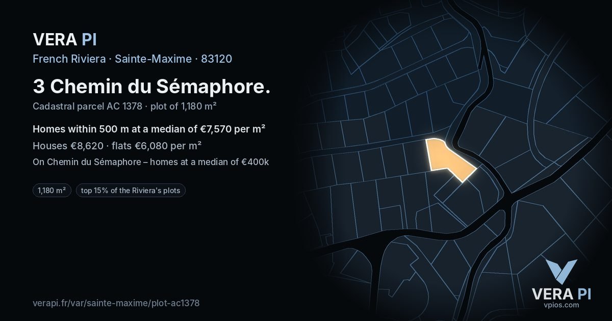 3 Chemin du Sémaphore, Sainte-Maxime at night – the plot lit, the parcels around coloured by the prices near them