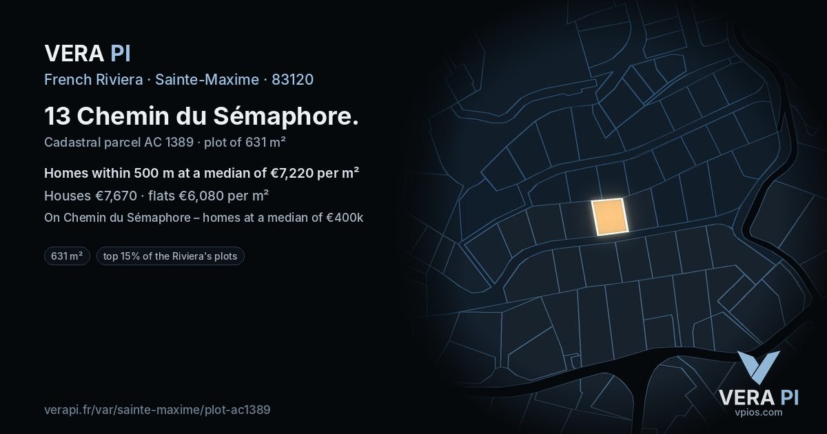 13 Chemin du Sémaphore, Sainte-Maxime at night – the plot lit, the parcels around coloured by the prices near them