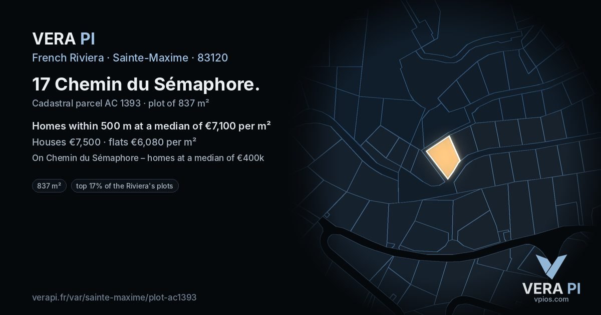 17 Chemin du Sémaphore, Sainte-Maxime at night – the plot lit, the parcels around coloured by the prices near them