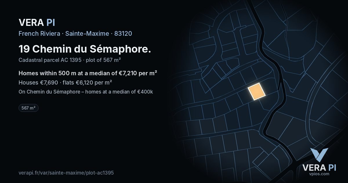 19 Chemin du Sémaphore, Sainte-Maxime at night – the plot lit, the parcels around coloured by the prices near them