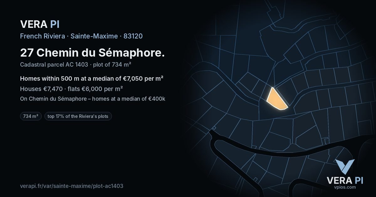 27 Chemin du Sémaphore, Sainte-Maxime at night – the plot lit, the parcels around coloured by the prices near them
