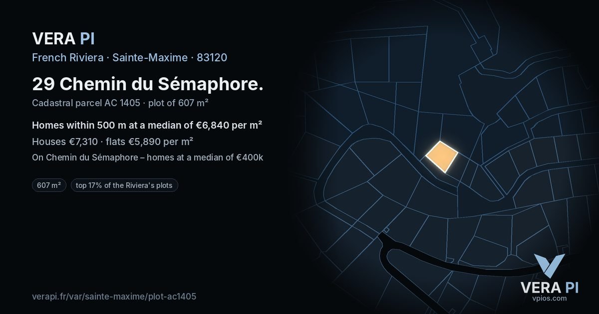 29 Chemin du Sémaphore, Sainte-Maxime at night – the plot lit, the parcels around coloured by the prices near them