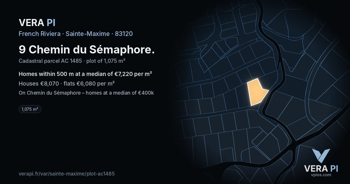 9 Chemin du Sémaphore, Sainte-Maxime at night – the plot lit, the parcels around coloured by the prices near them