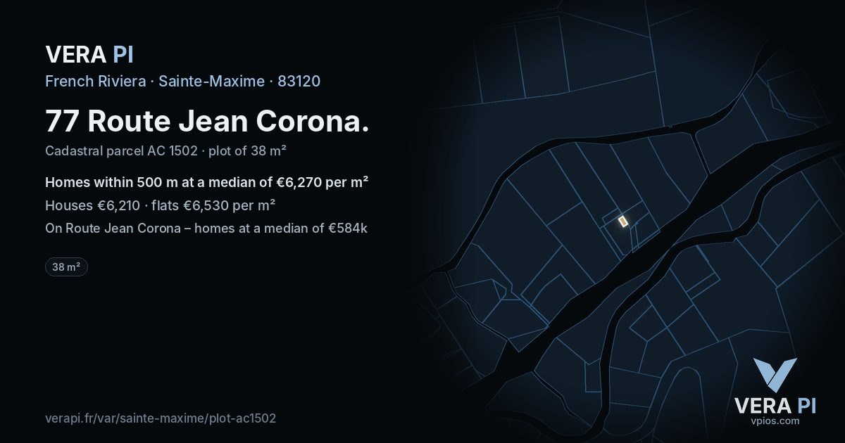 77 Route Jean Corona, Sainte-Maxime at night – the plot lit, the parcels around coloured by the prices near them