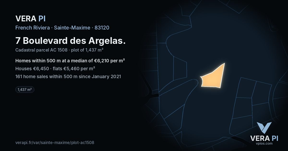 7 Boulevard des Argelas, Sainte-Maxime at night – the plot lit, the parcels around coloured by the prices near them