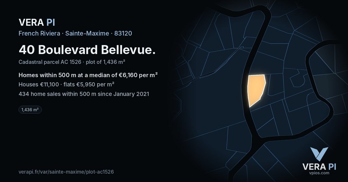 40 Boulevard Bellevue, Sainte-Maxime at night – the plot lit, the parcels around coloured by the prices near them