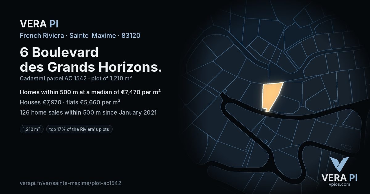 6 Boulevard des Grands Horizons, Sainte-Maxime at night – the plot lit, the parcels around coloured by the prices near them