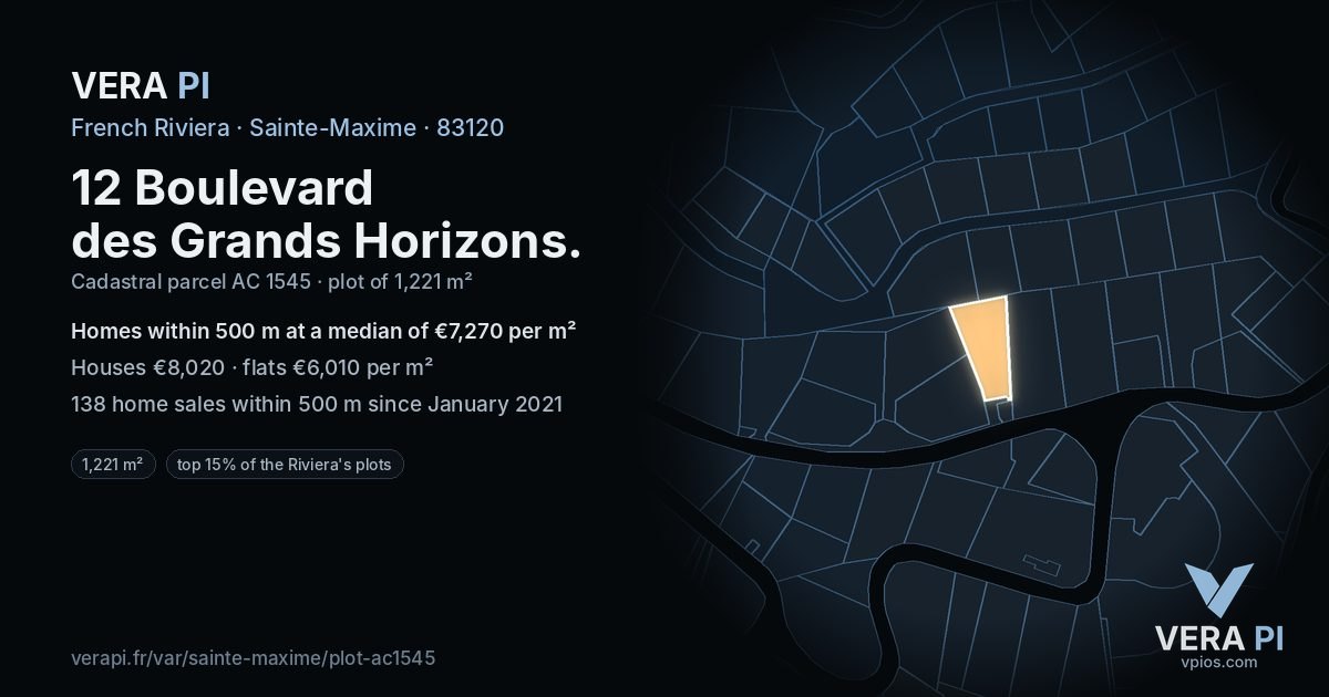 12 Boulevard des Grands Horizons, Sainte-Maxime at night – the plot lit, the parcels around coloured by the prices near them