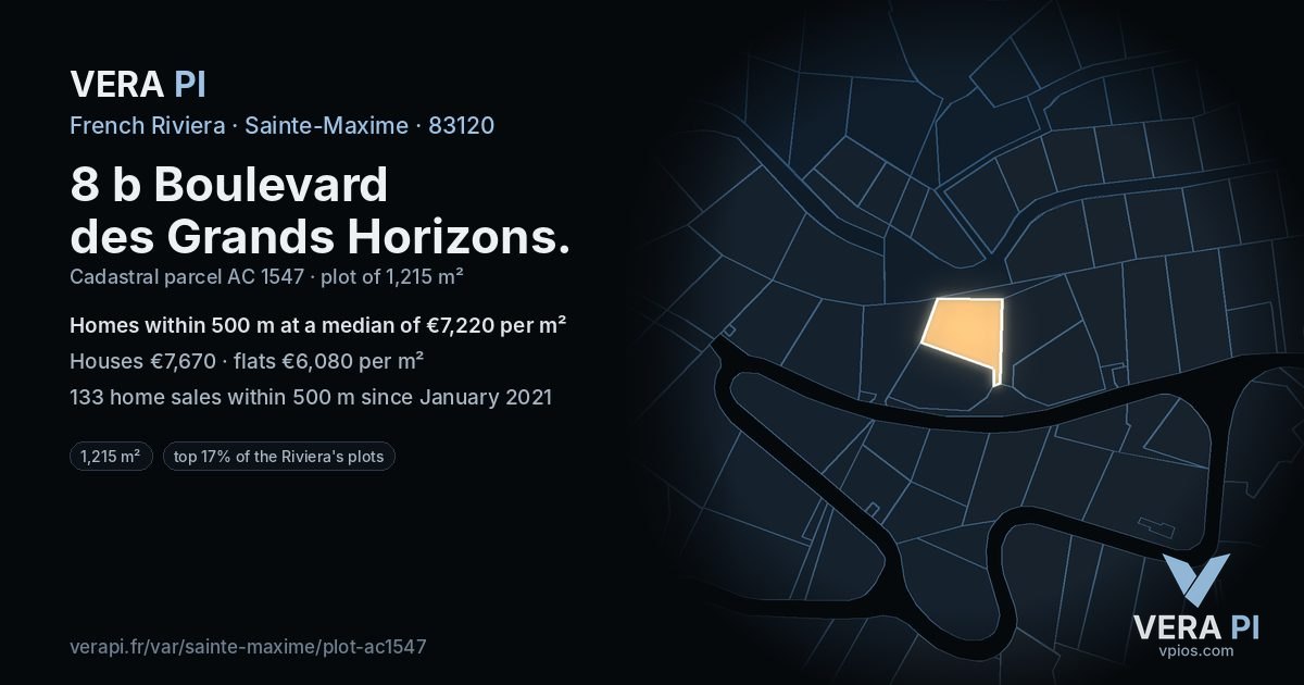 8 b Boulevard des Grands Horizons, Sainte-Maxime at night – the plot lit, the parcels around coloured by the prices near them