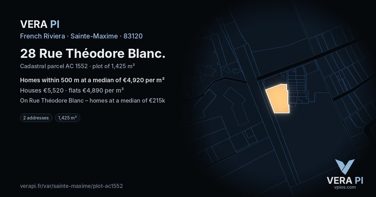 28 Rue Théodore Blanc, Sainte-Maxime at night – the plot lit, the parcels around coloured by the prices near them