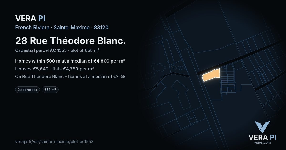 28 Rue Théodore Blanc, Sainte-Maxime at night – the plot lit, the parcels around coloured by the prices near them