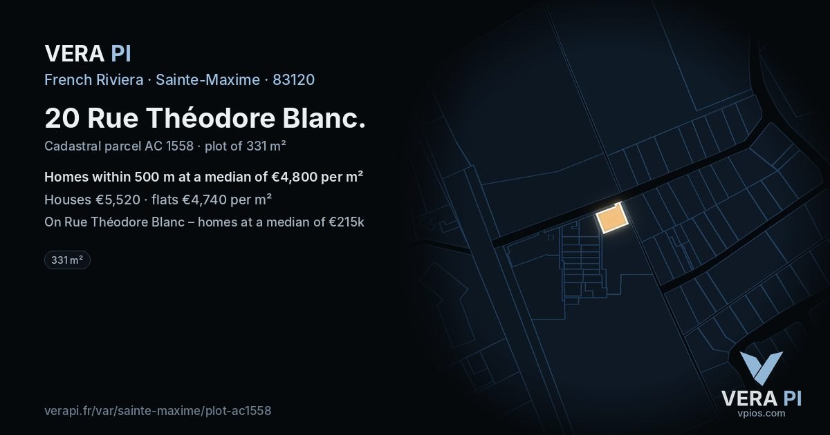 20 Rue Théodore Blanc, Sainte-Maxime at night – the plot lit, the parcels around coloured by the prices near them