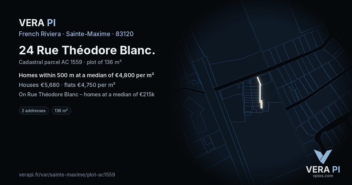 24 Rue Théodore Blanc, Sainte-Maxime at night – the plot lit, the parcels around coloured by the prices near them