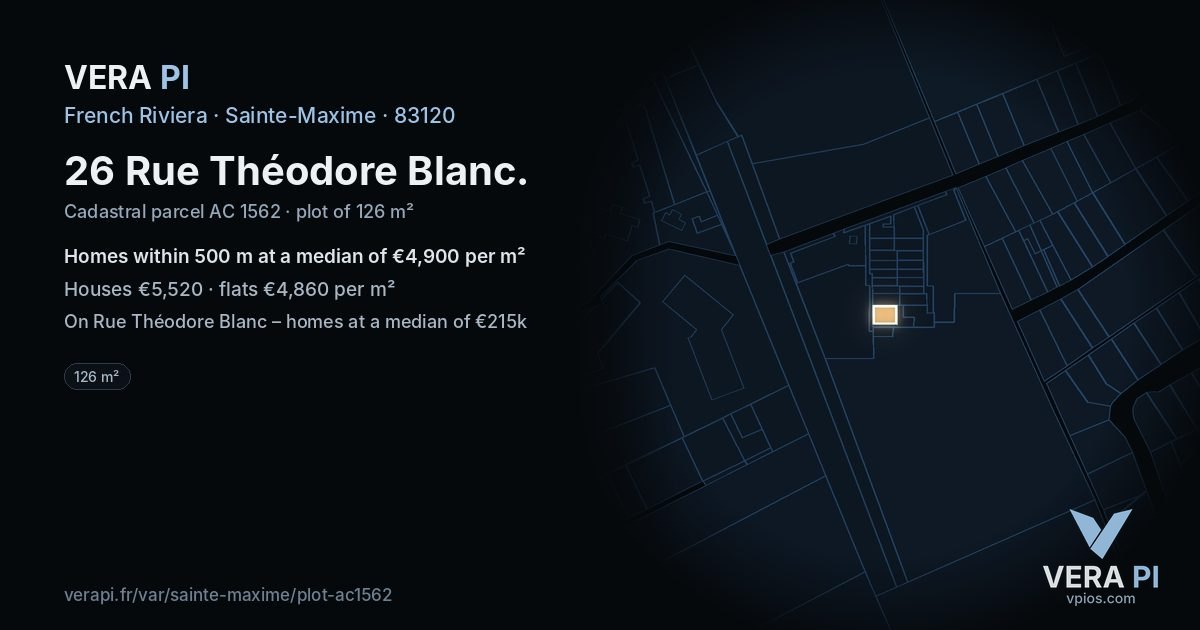 26 Rue Théodore Blanc, Sainte-Maxime at night – the plot lit, the parcels around coloured by the prices near them