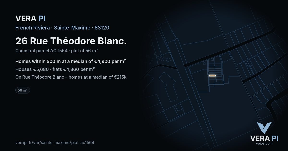 26 Rue Théodore Blanc, Sainte-Maxime at night – the plot lit, the parcels around coloured by the prices near them