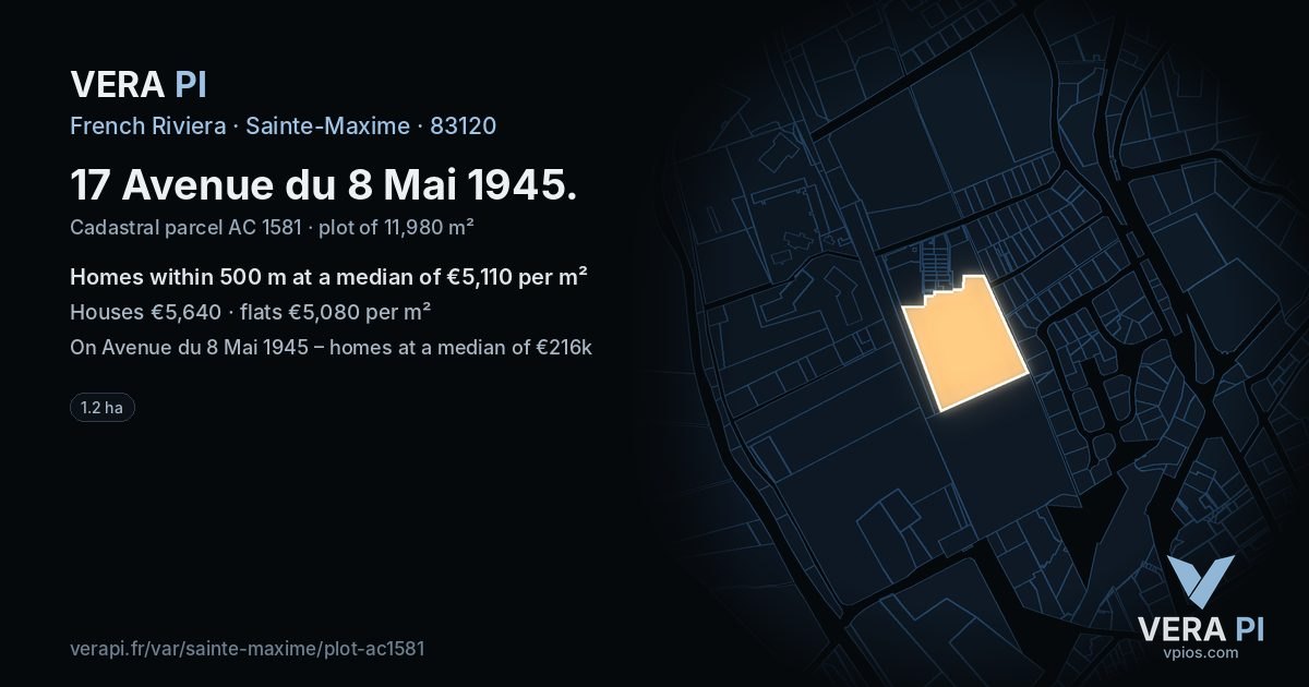 17 Avenue du 8 Mai 1945, Sainte-Maxime at night – the plot lit, the parcels around coloured by the prices near them