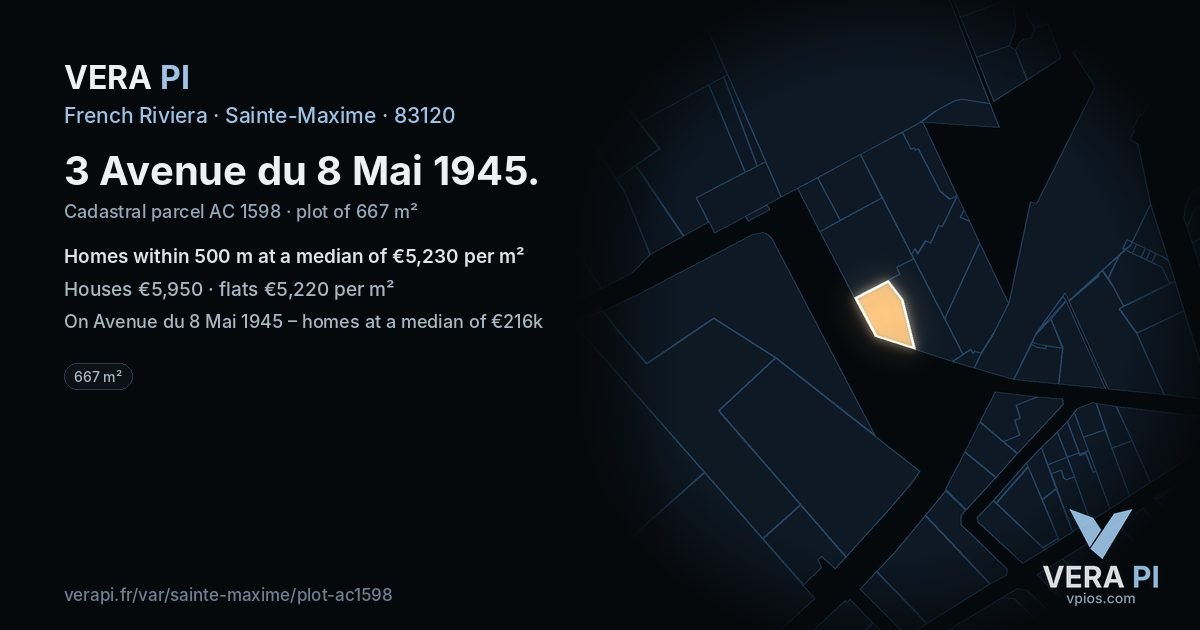 3 Avenue du 8 Mai 1945, Sainte-Maxime at night – the plot lit, the parcels around coloured by the prices near them