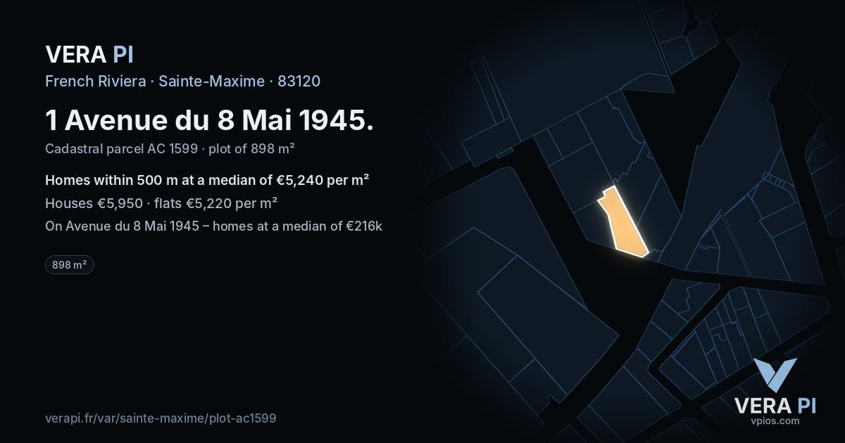 1 Avenue du 8 Mai 1945, Sainte-Maxime at night – the plot lit, the parcels around coloured by the prices near them