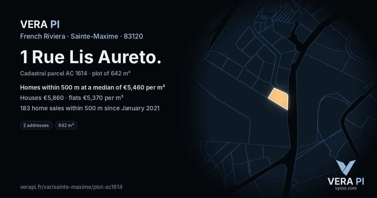 1 Rue Lis Aureto, Sainte-Maxime at night – the plot lit, the parcels around coloured by the prices near them