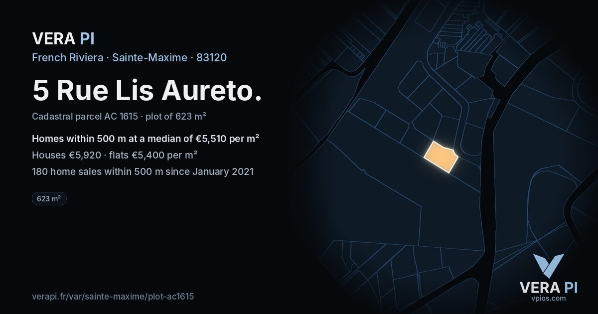5 Rue Lis Aureto, Sainte-Maxime at night – the plot lit, the parcels around coloured by the prices near them