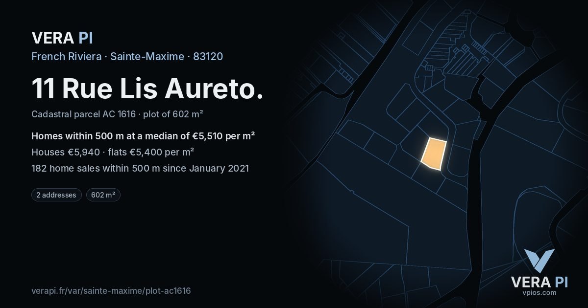 11 Rue Lis Aureto, Sainte-Maxime at night – the plot lit, the parcels around coloured by the prices near them