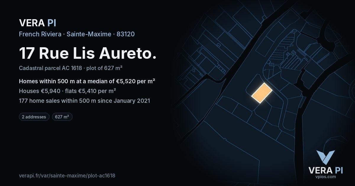 17 Rue Lis Aureto, Sainte-Maxime at night – the plot lit, the parcels around coloured by the prices near them
