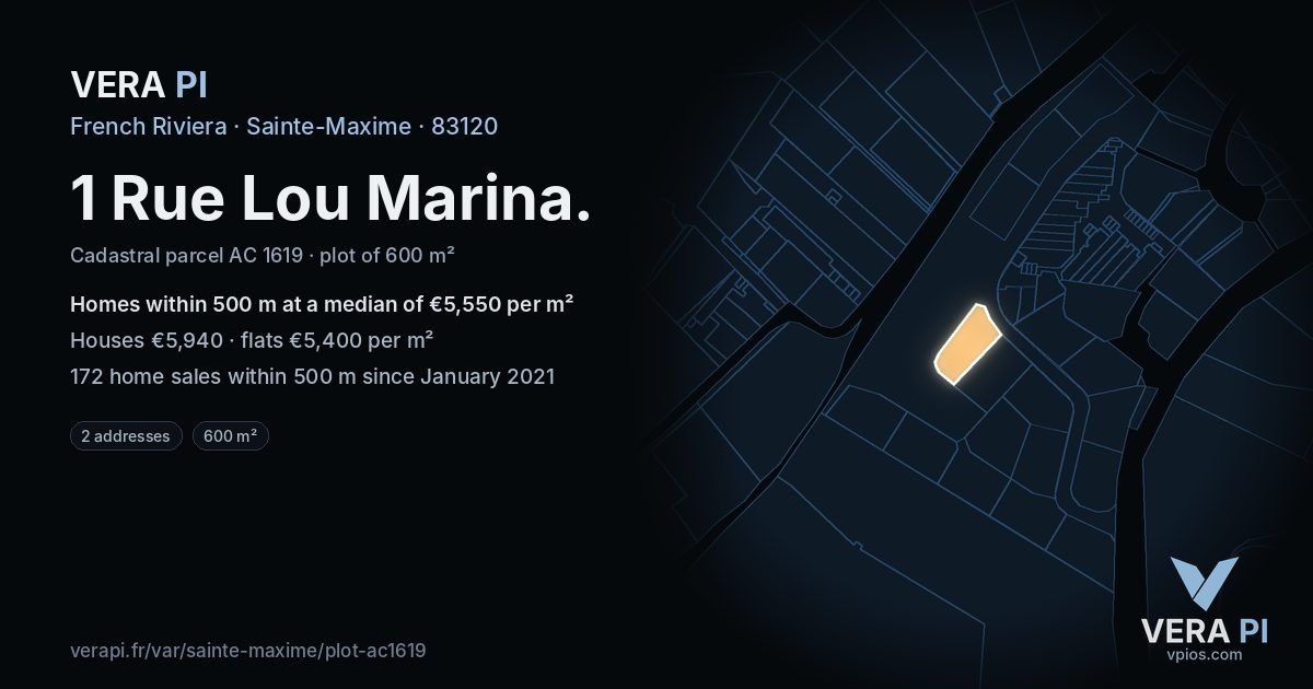 1 Rue Lou Marina, Sainte-Maxime at night – the plot lit, the parcels around coloured by the prices near them