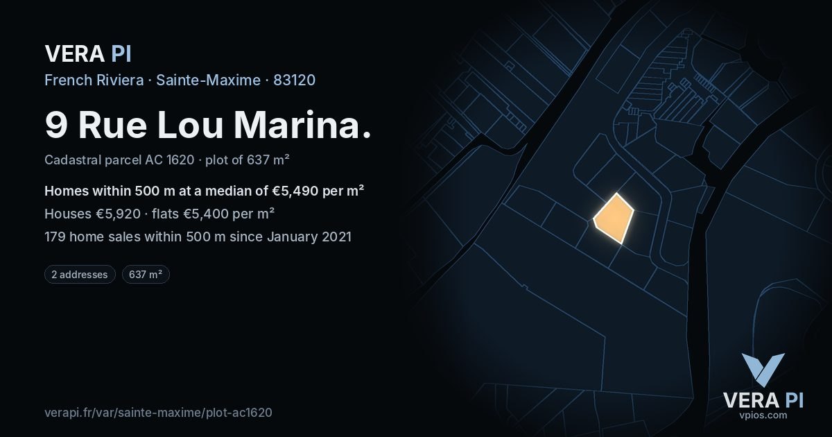 9 Rue Lou Marina, Sainte-Maxime at night – the plot lit, the parcels around coloured by the prices near them