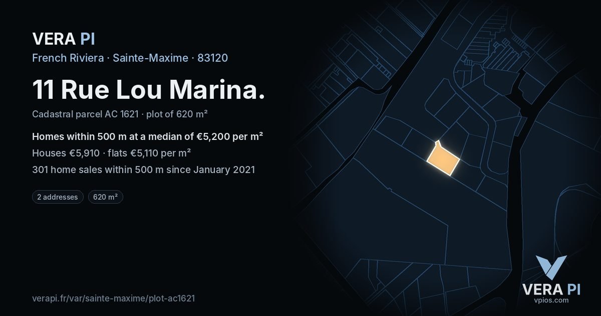 11 Rue Lou Marina, Sainte-Maxime at night – the plot lit, the parcels around coloured by the prices near them