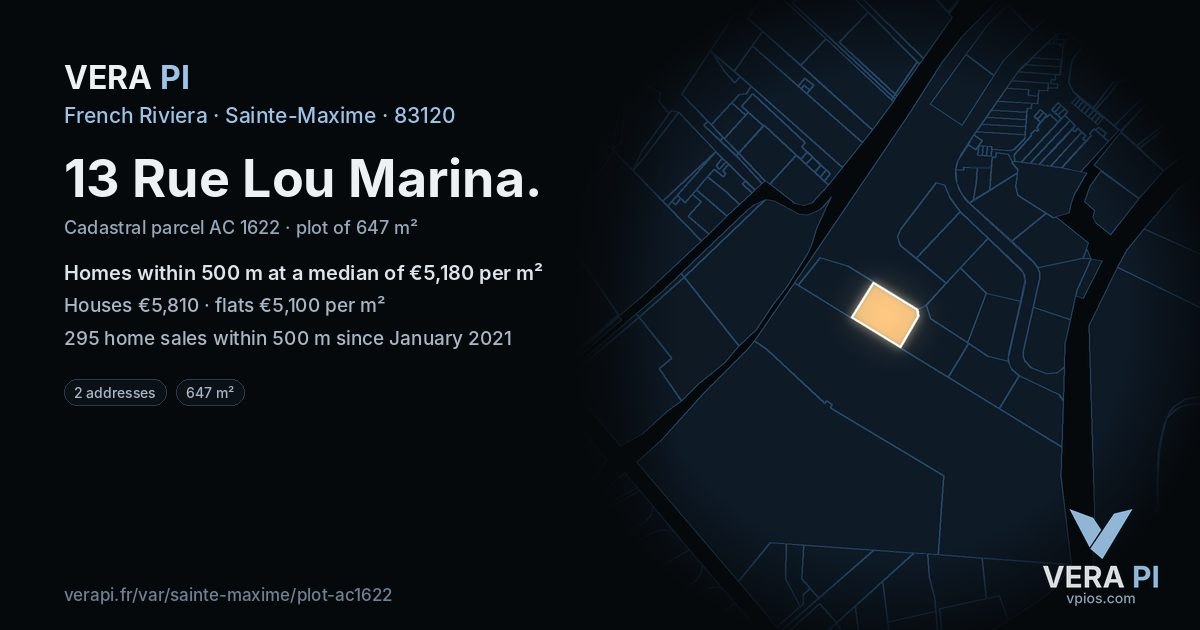 13 Rue Lou Marina, Sainte-Maxime at night – the plot lit, the parcels around coloured by the prices near them
