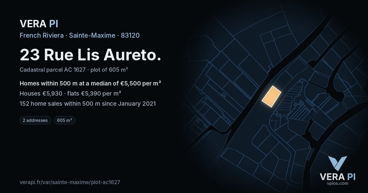 23 Rue Lis Aureto, Sainte-Maxime at night – the plot lit, the parcels around coloured by the prices near them