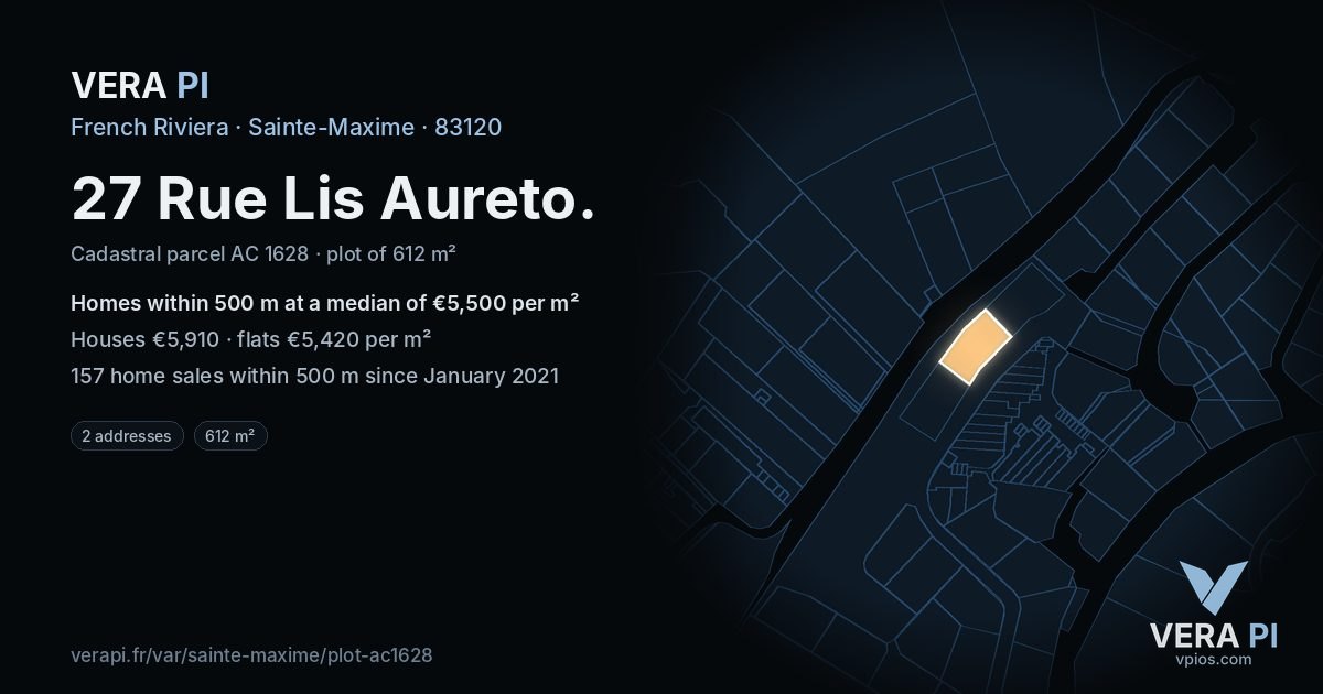 27 Rue Lis Aureto, Sainte-Maxime at night – the plot lit, the parcels around coloured by the prices near them