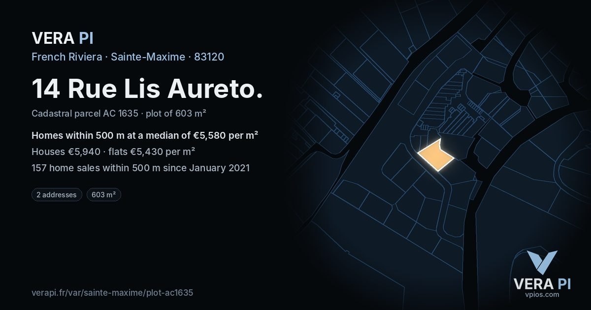 14 Rue Lis Aureto, Sainte-Maxime at night – the plot lit, the parcels around coloured by the prices near them