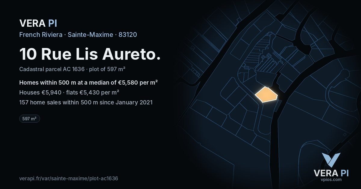 10 Rue Lis Aureto, Sainte-Maxime at night – the plot lit, the parcels around coloured by the prices near them
