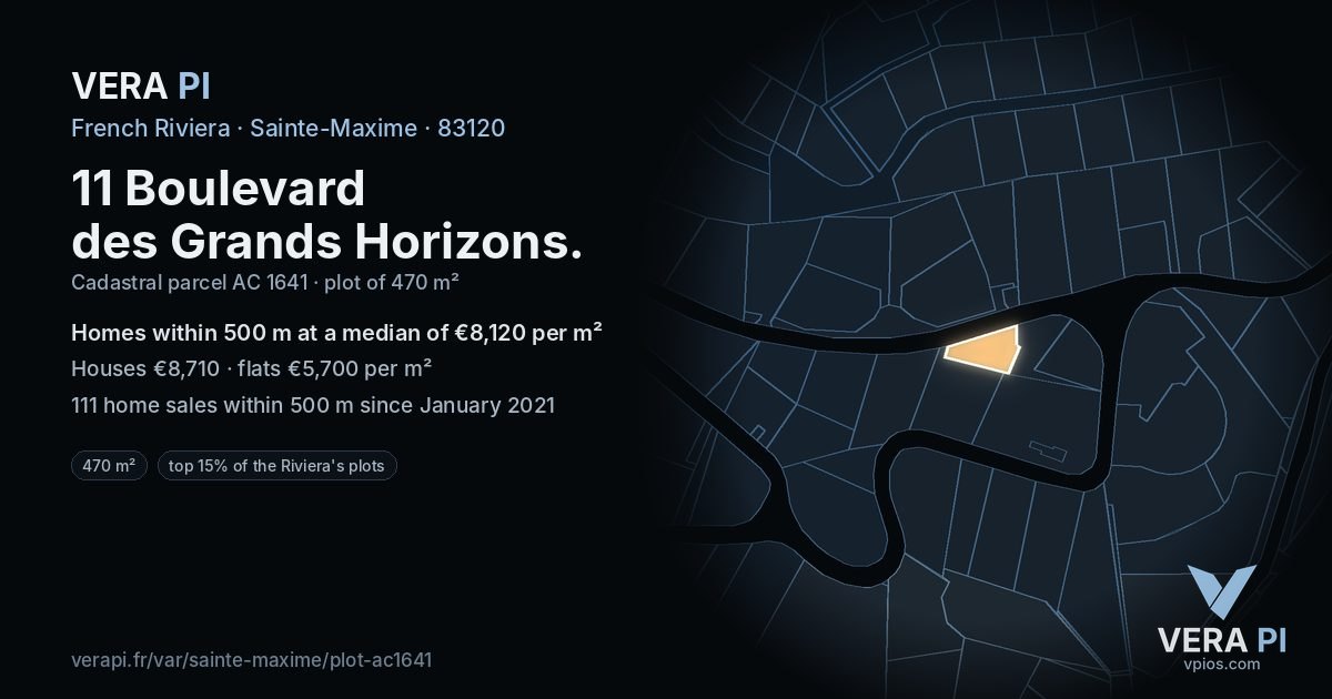 11 Boulevard des Grands Horizons, Sainte-Maxime at night – the plot lit, the parcels around coloured by the prices near them