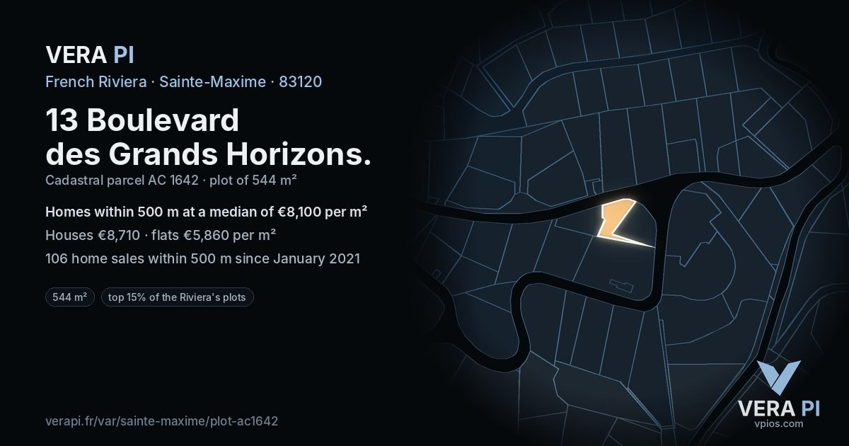 13 Boulevard des Grands Horizons, Sainte-Maxime at night – the plot lit, the parcels around coloured by the prices near them