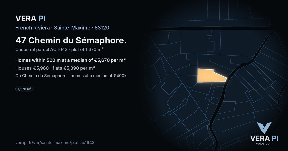 47 Chemin du Sémaphore, Sainte-Maxime at night – the plot lit, the parcels around coloured by the prices near them