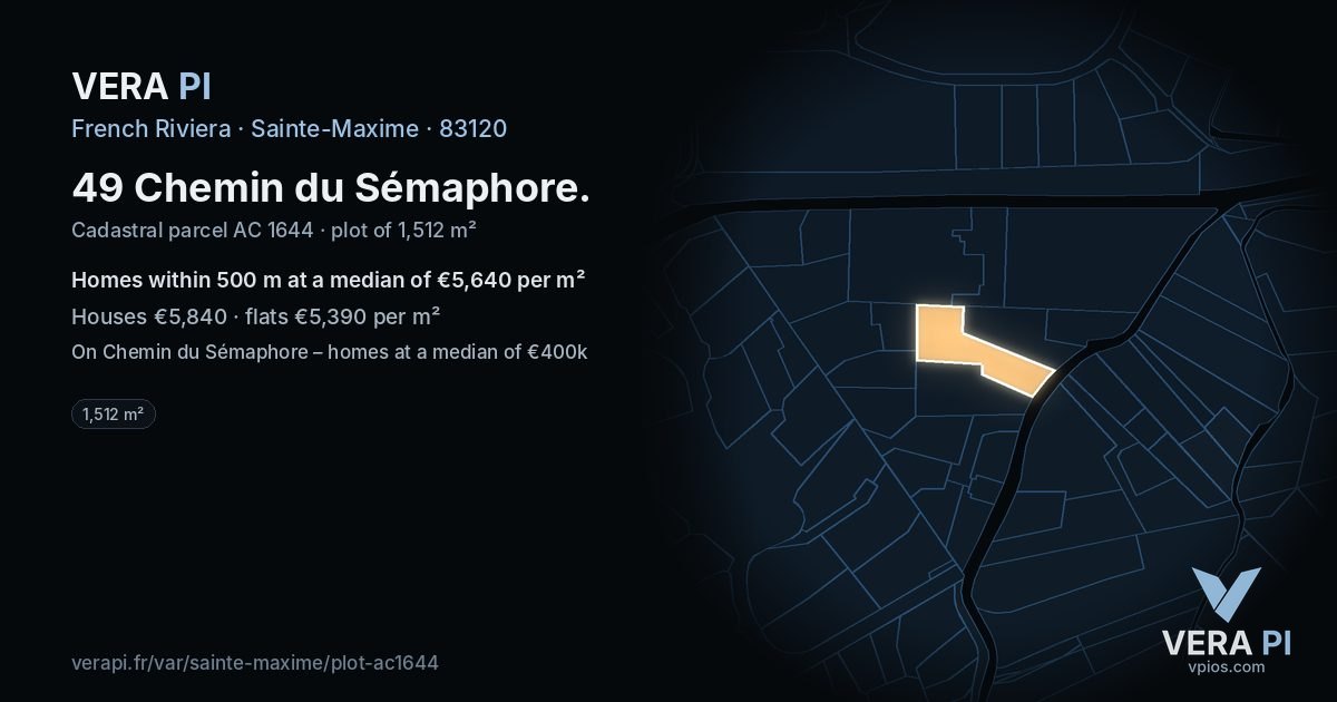 49 Chemin du Sémaphore, Sainte-Maxime at night – the plot lit, the parcels around coloured by the prices near them