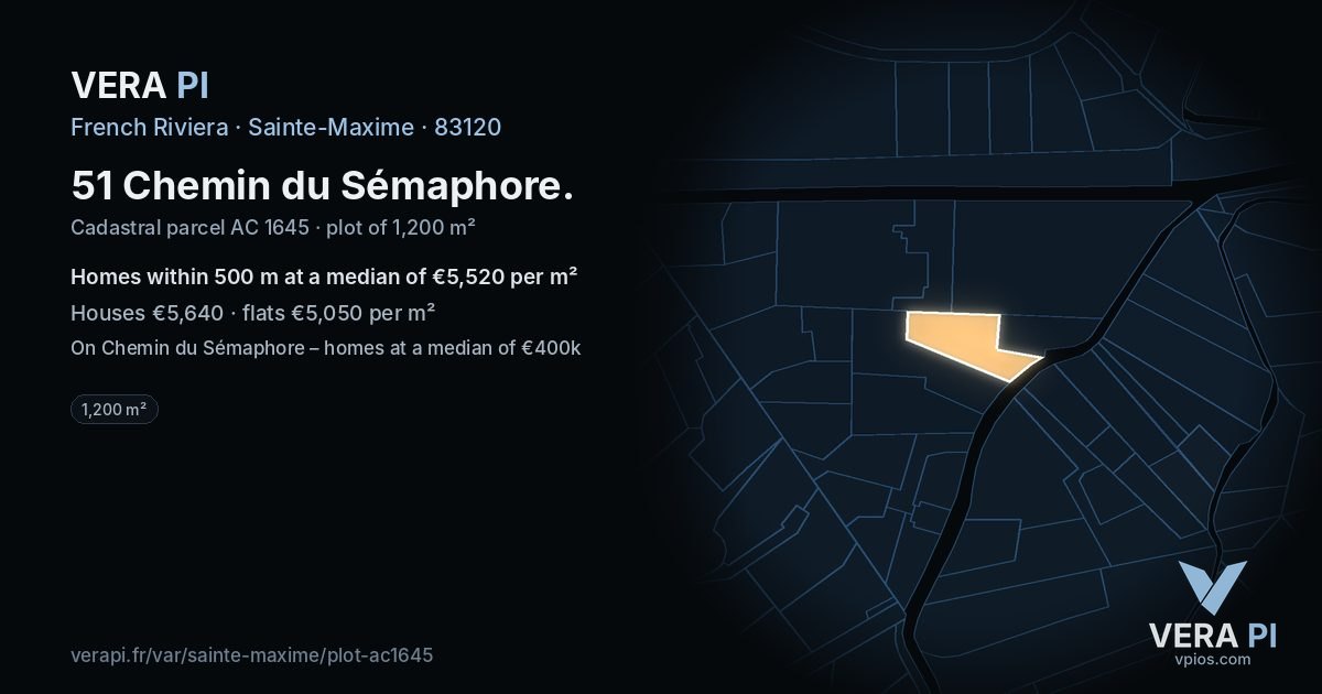 51 Chemin du Sémaphore, Sainte-Maxime at night – the plot lit, the parcels around coloured by the prices near them