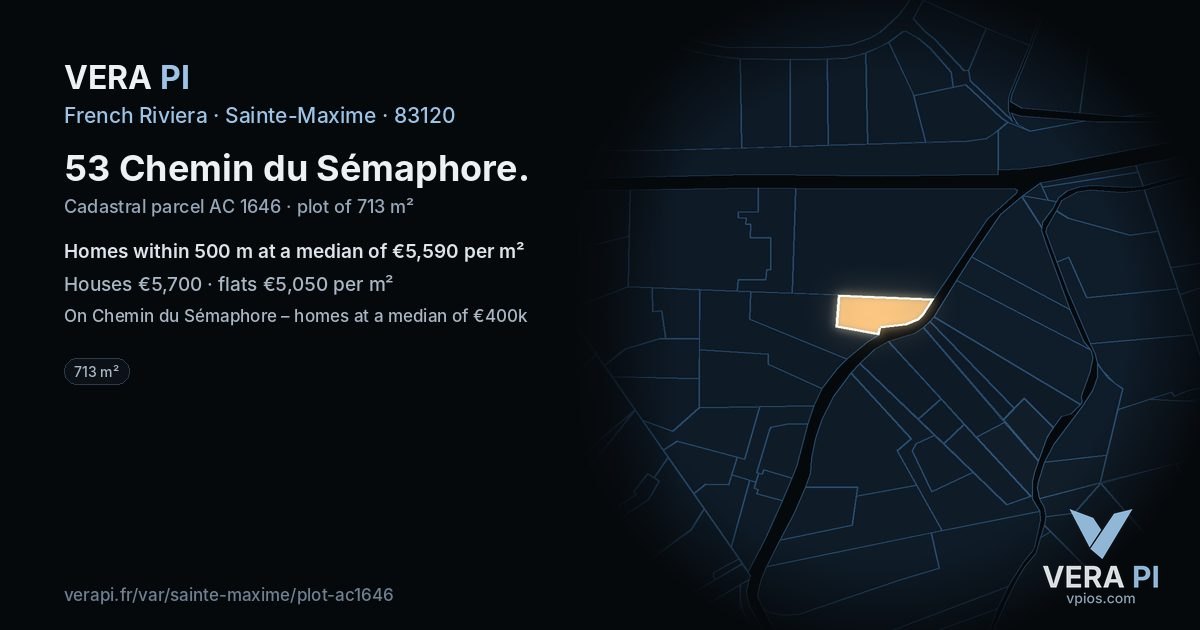 53 Chemin du Sémaphore, Sainte-Maxime at night – the plot lit, the parcels around coloured by the prices near them