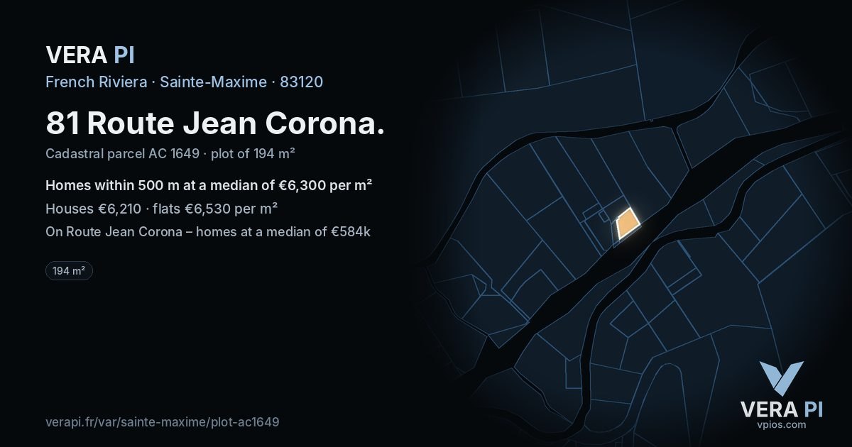 81 Route Jean Corona, Sainte-Maxime at night – the plot lit, the parcels around coloured by the prices near them
