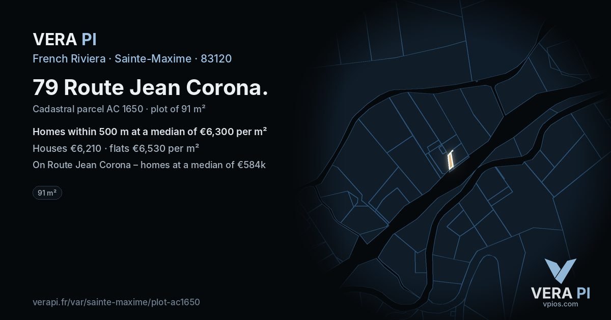 79 Route Jean Corona, Sainte-Maxime at night – the plot lit, the parcels around coloured by the prices near them