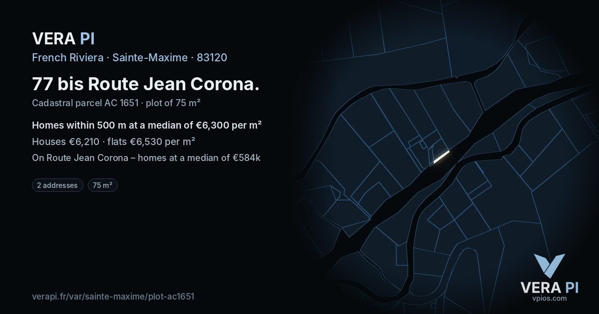 77 bis Route Jean Corona, Sainte-Maxime at night – the plot lit, the parcels around coloured by the prices near them