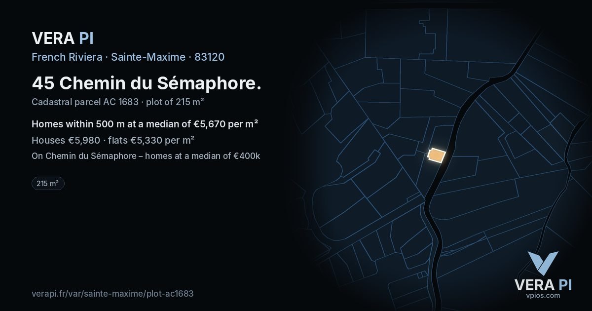 45 Chemin du Sémaphore, Sainte-Maxime at night – the plot lit, the parcels around coloured by the prices near them
