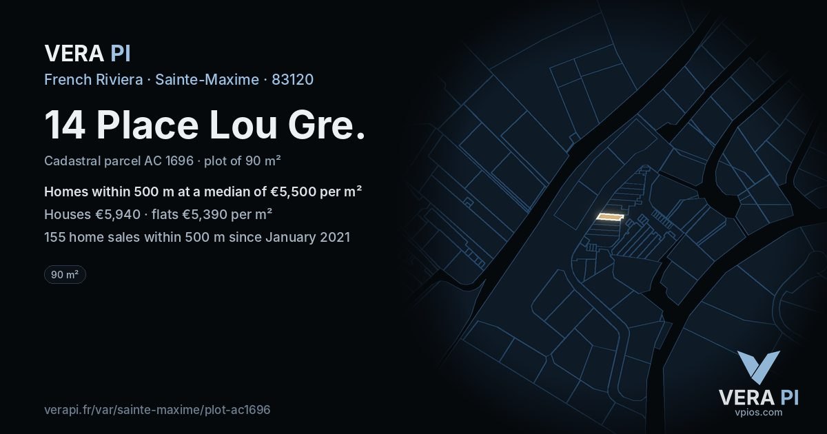 14 Place Lou Gre, Sainte-Maxime at night – the plot lit, the parcels around coloured by the prices near them