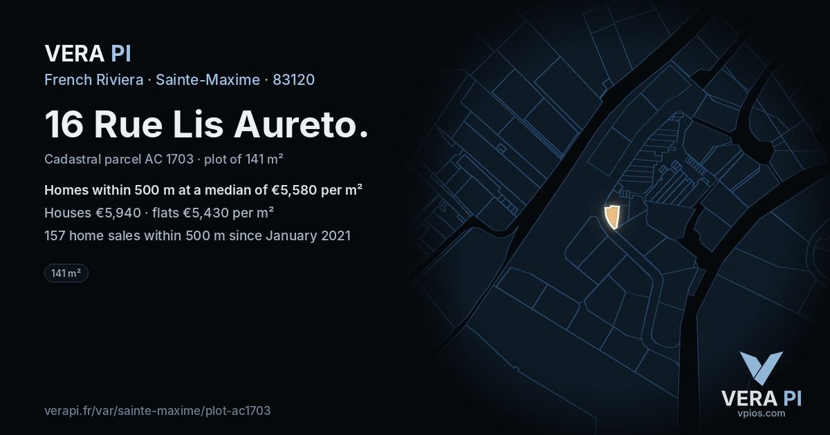 16 Rue Lis Aureto, Sainte-Maxime at night – the plot lit, the parcels around coloured by the prices near them